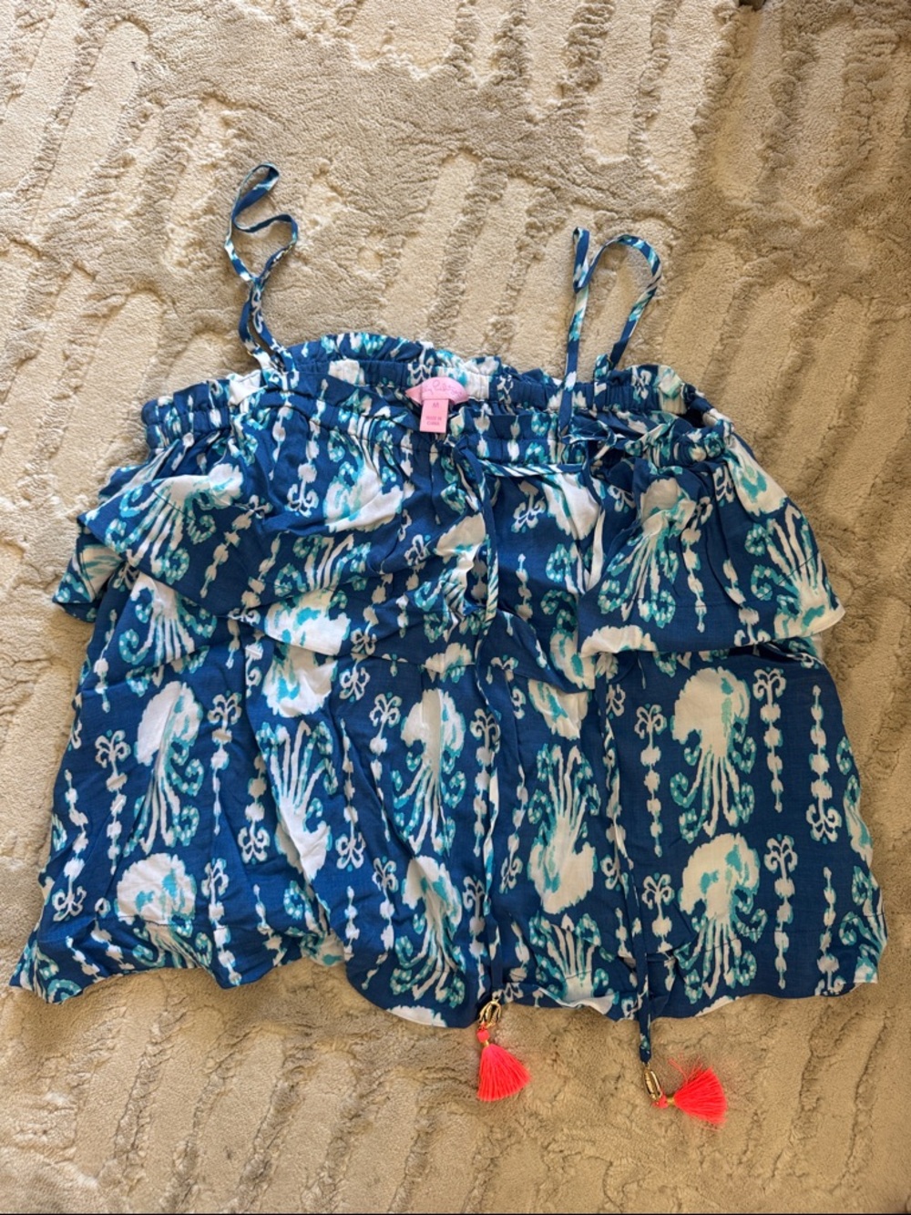 Lilly Pulitzer Navy Blue Jellyfish Ruffle Tank with Pink Tassels